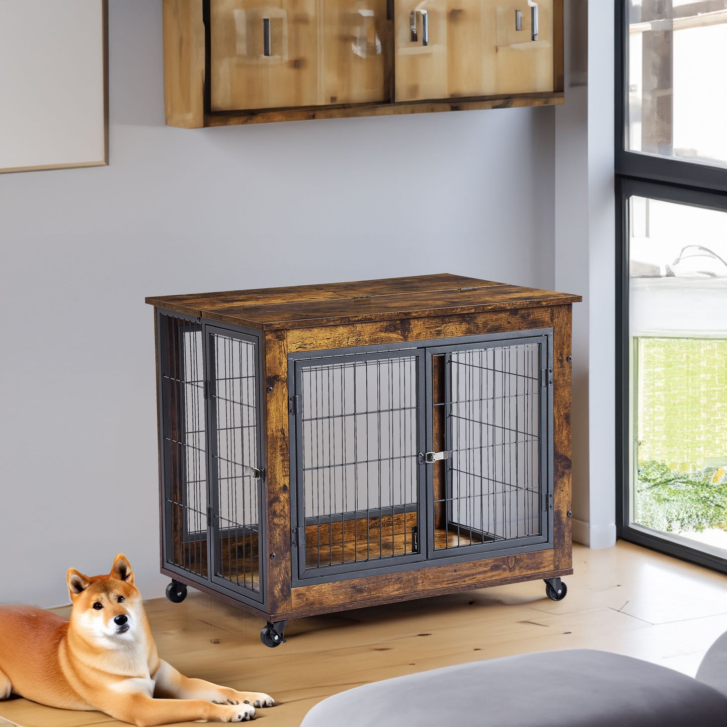 Furniture Style Dog Crate Side Table on Wheels with Double Doors and Lift Top. Rustic Brown, 31.50'' W x 22.05'' D x 25'' H.