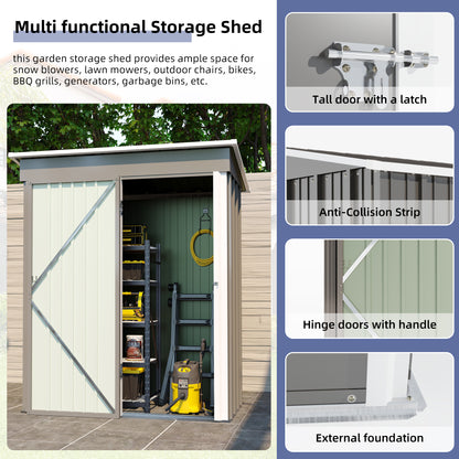 5 * 3FT outdoor storage shed, tool shed with sloping roof and lockable door, backyard garden metal shed, courtyard lawn, gray