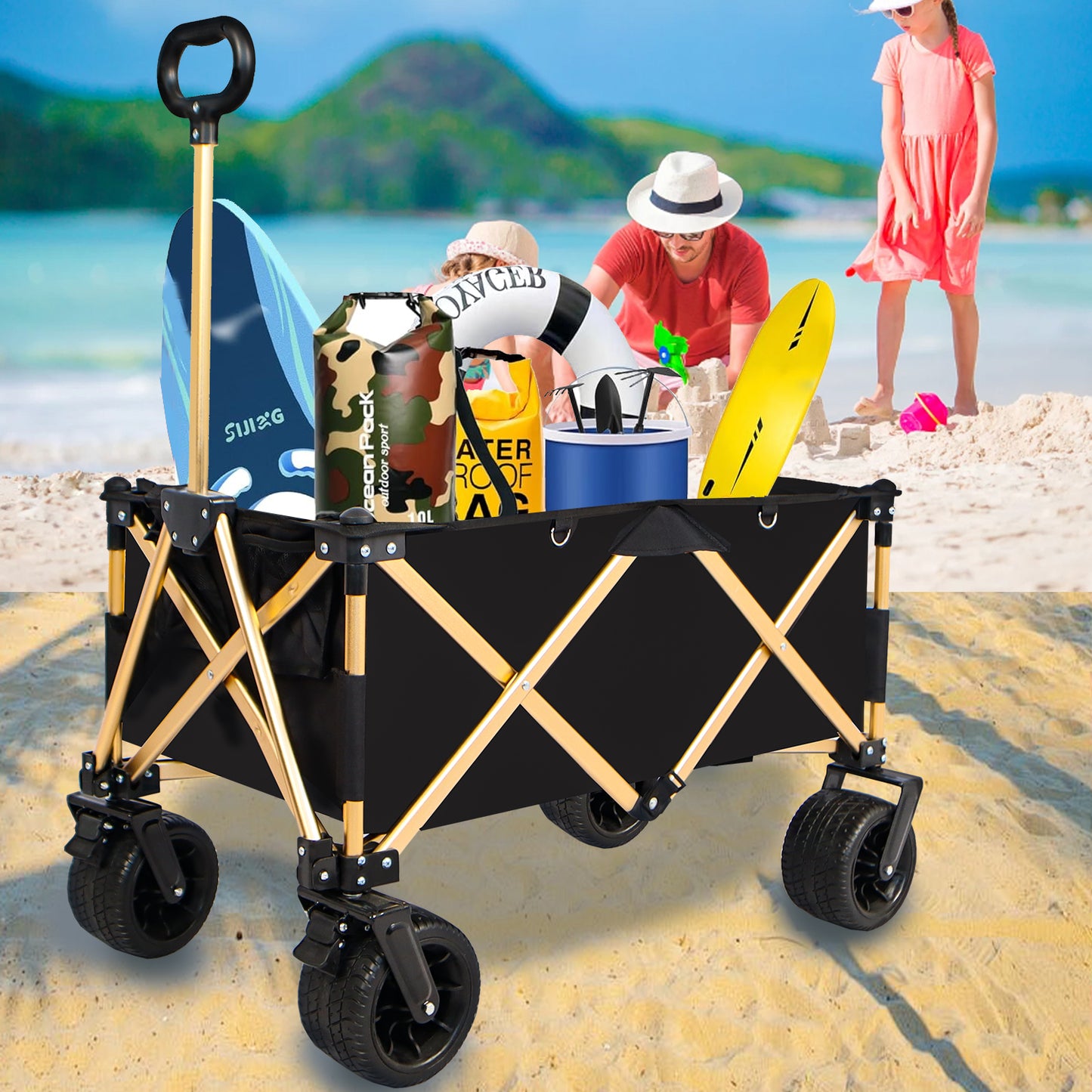 Folding Wagon Heavy Duty Utility Beach Wagon Cart for Sand with Big Wheels