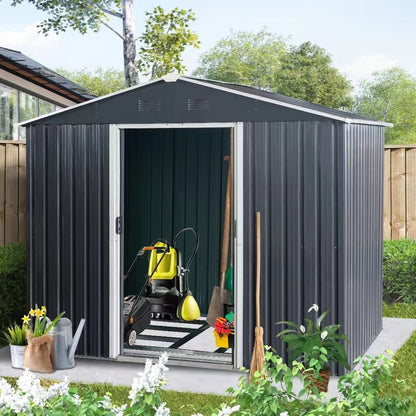 8ft x 6ft Outdoor Metal Storage Shed with Floor Base Black