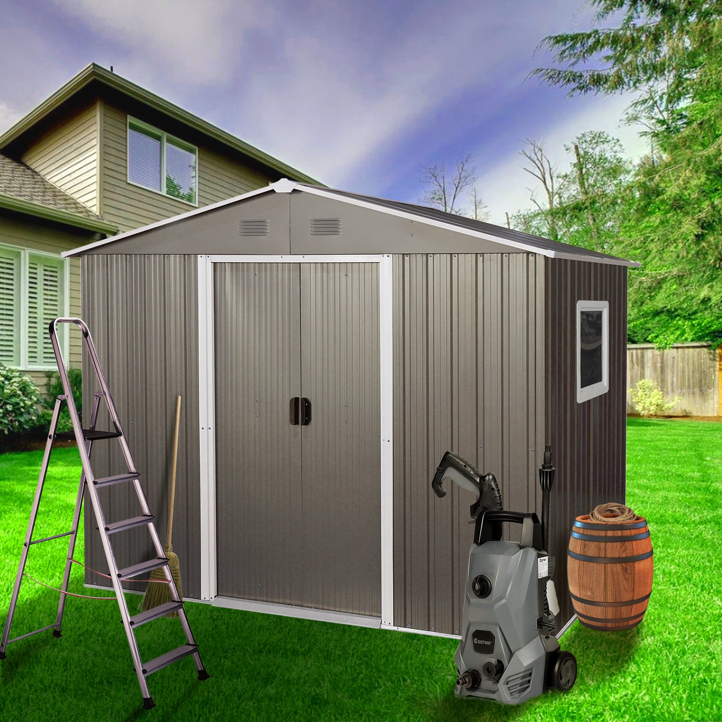 8ft x 6ft Outdoor Metal Storage Shed with Window Grey(W540S00016)