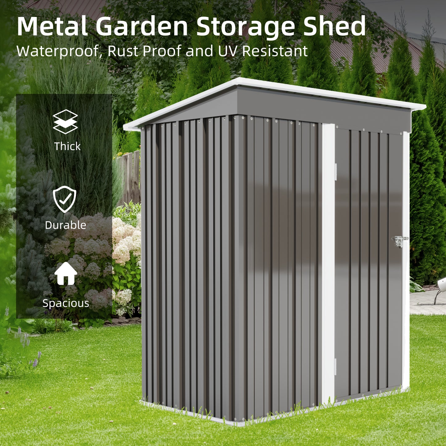 5 * 3FT outdoor storage shed, tool shed with sloping roof and lockable door, backyard garden metal shed, courtyard lawn, gray