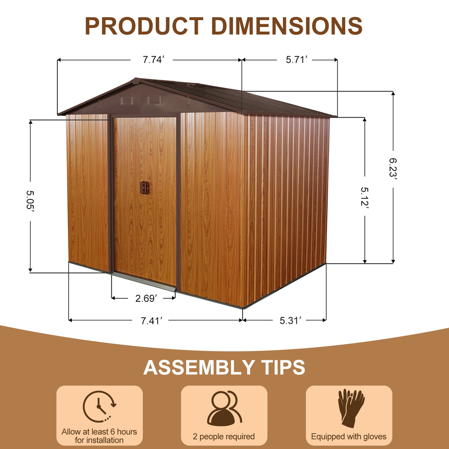 8ft x 6ft Outdoor Metal Storage Shed with Floor Base Coffee(W540S00014)