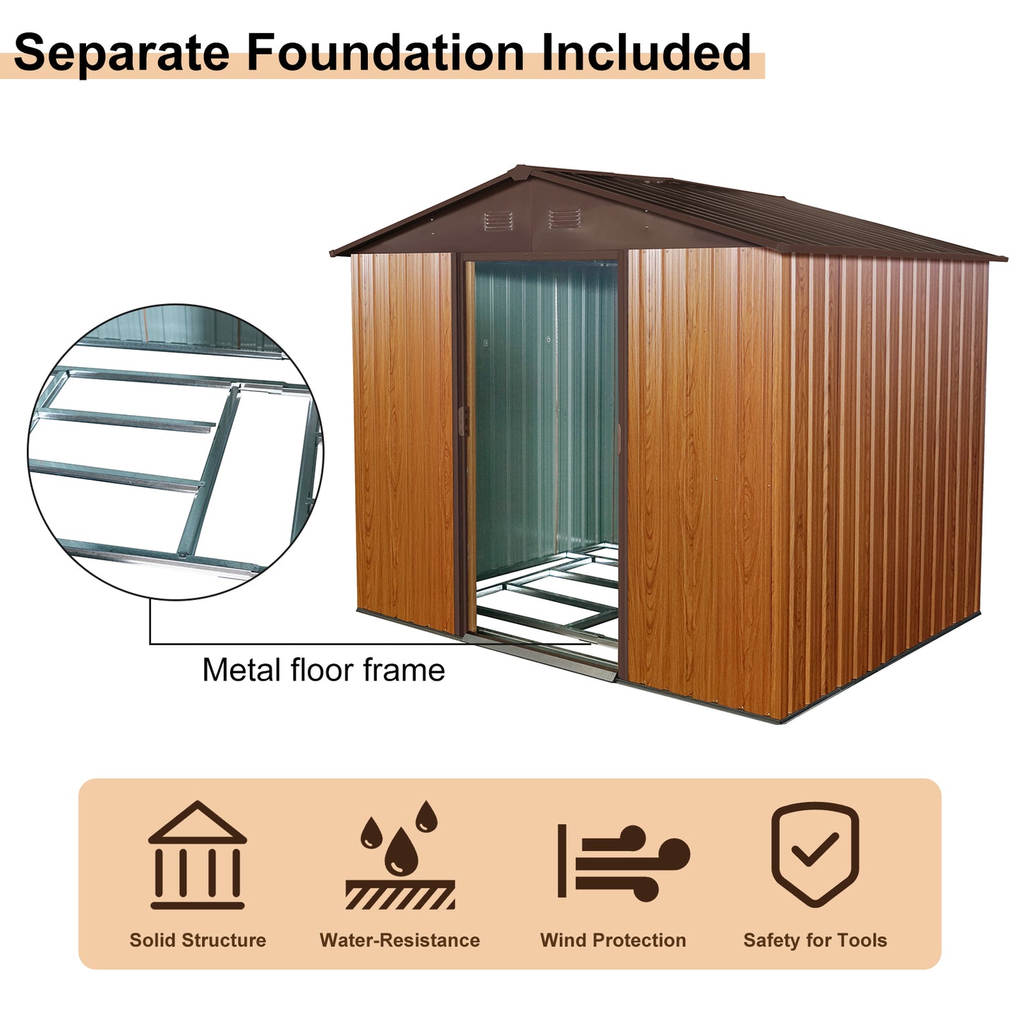 8ft x 6ft Outdoor Metal Storage Shed with Floor Base Coffee(W540S00014)