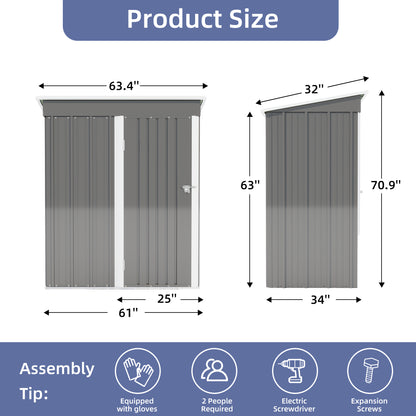 5 * 3FT outdoor storage shed, tool shed with sloping roof and lockable door, backyard garden metal shed, courtyard lawn, gray