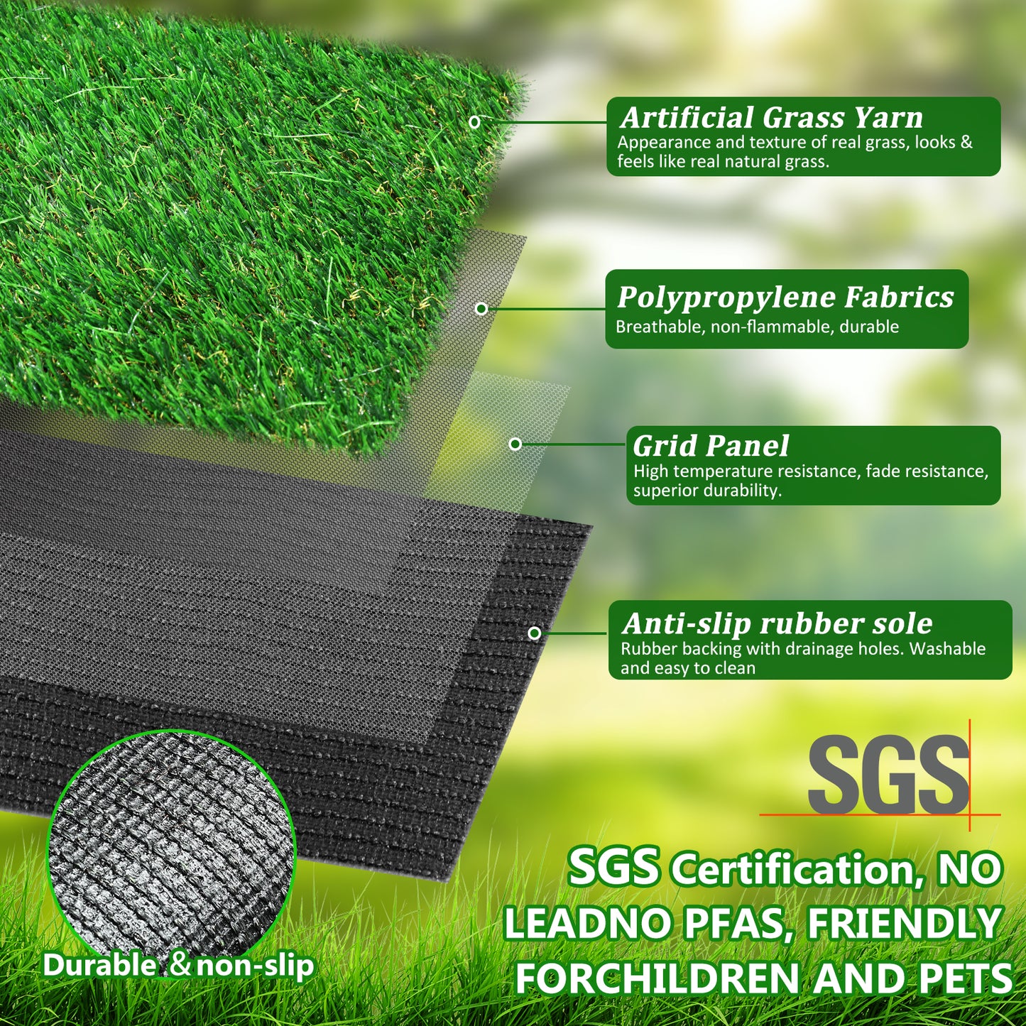 5FTX8FT outdoor artificial grass running blanket, thick and realistic fake grass roll with a pile height of 1.38 inches