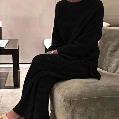 2022 Knitted Sweater Suit Women Elegant Solid O-Neck Pullovers+Wide Leg Pants Suit Lady Autumn Winter Soft 2 Piece Set Homewear