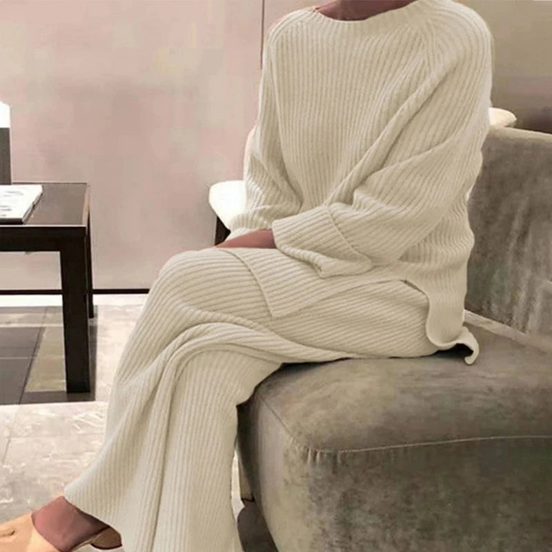 2022 Knitted Sweater Suit Women Elegant Solid O-Neck Pullovers+Wide Leg Pants Suit Lady Autumn Winter Soft 2 Piece Set Homewear