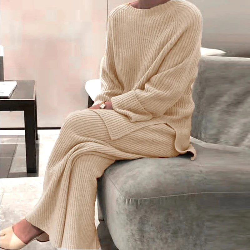 2022 Knitted Sweater Suit Women Elegant Solid O-Neck Pullovers+Wide Leg Pants Suit Lady Autumn Winter Soft 2 Piece Set Homewear