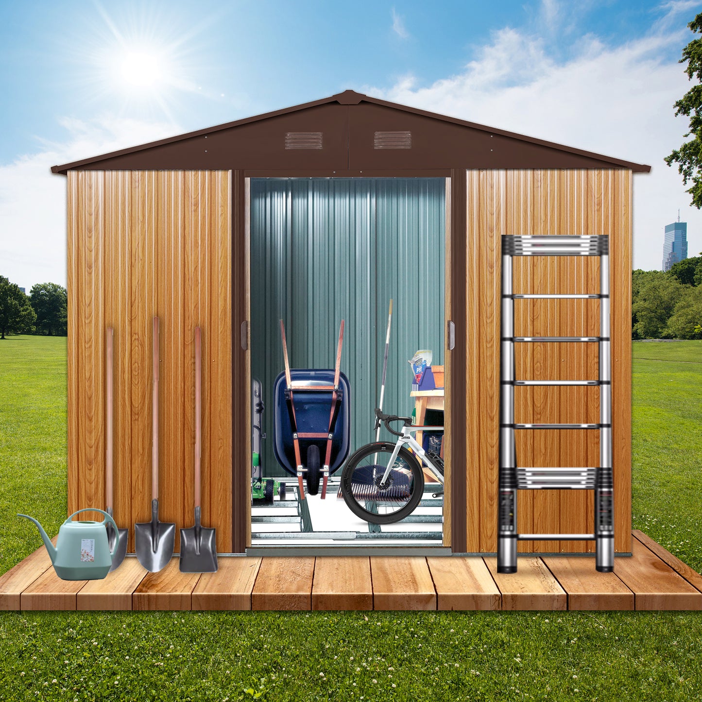 8ft x 6ft Outdoor Metal Storage Shed with Floor Base Coffee(W540S00014)