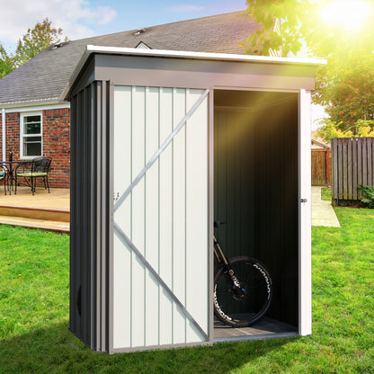 5 * 3FT outdoor storage shed, tool shed with sloping roof and lockable door, backyard garden metal shed, courtyard lawn, gray