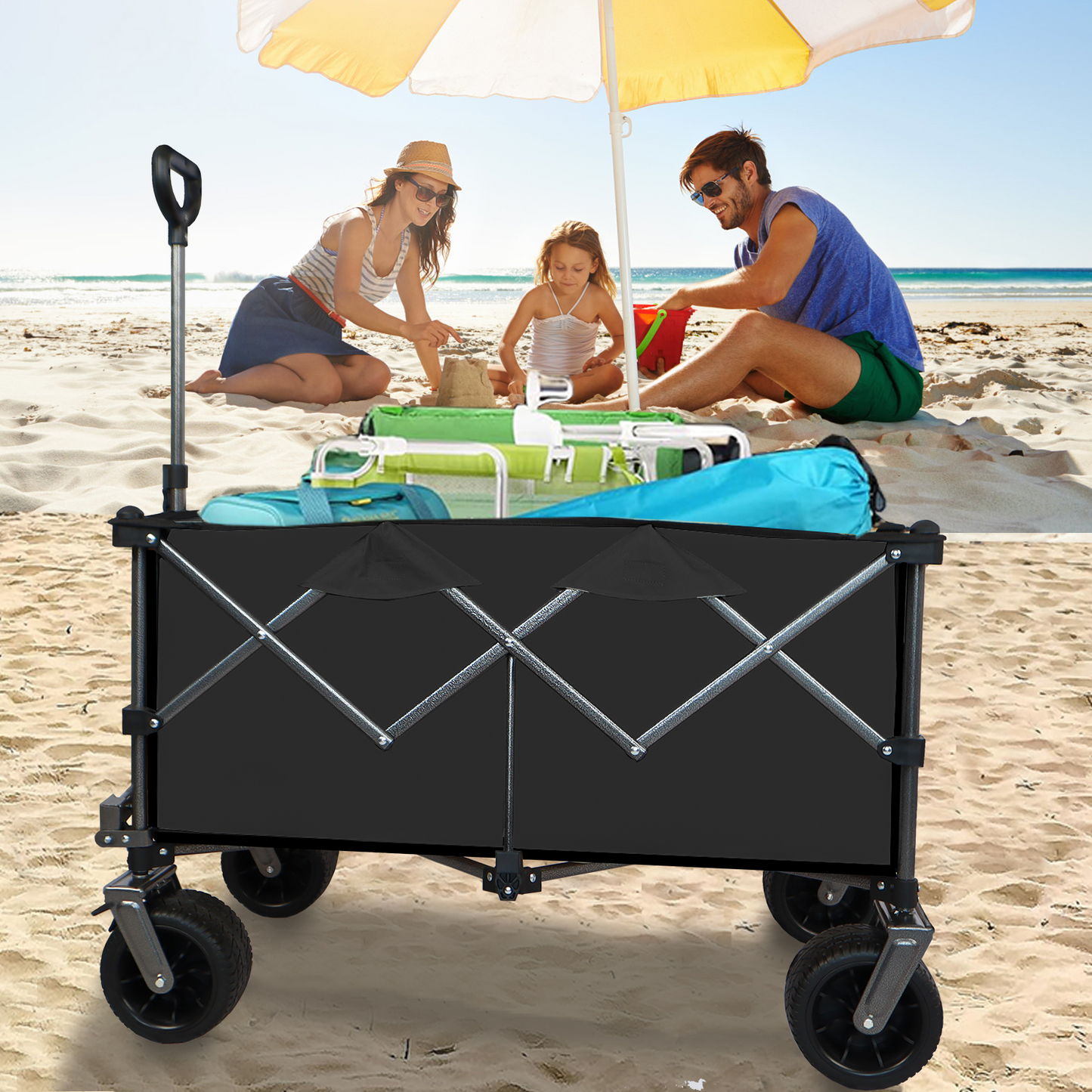 Collapsible Folding Wagon Push Pull Foldable Beach Wagon Cart