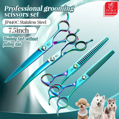 Fenice JP440C Steel 7.5 Inch Dog Beauty Scissors Pet Dogs Grooming Scissors Set Straight&Curved &Thinner&Chunker Shears Kits