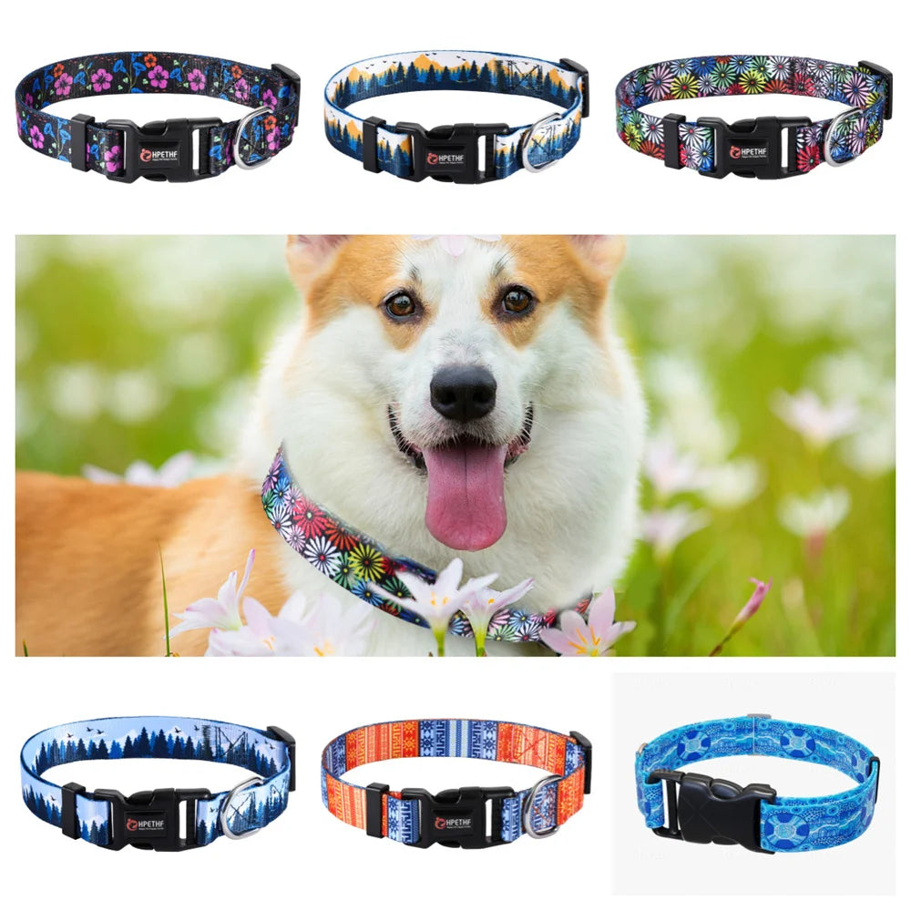 Printed Pet Collars Nylon Adjustable Dog Collars Strong and Durable for Medium and Large Dog Collars Pet Accessories Supplies