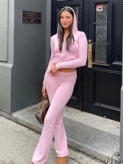 TARUXY Women Spring Outfits Casual Zipper Sweater Hoodie Set High Waist Flare Pants Suits Pink Knitted Womens Y2k Two Piece Set